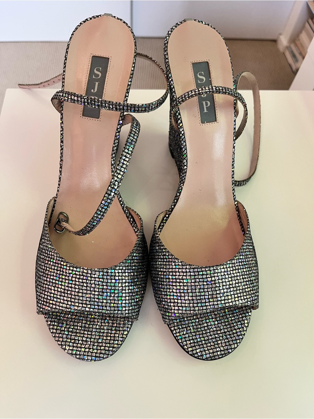SJP Silver Glitter Boca Wedge Sandal size 42